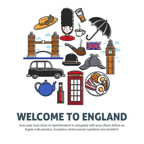 Welkom Bij Engeland Promotie Banner Met Nationale Symbolen Architectonische Bezienswaardigheden — Stockvector