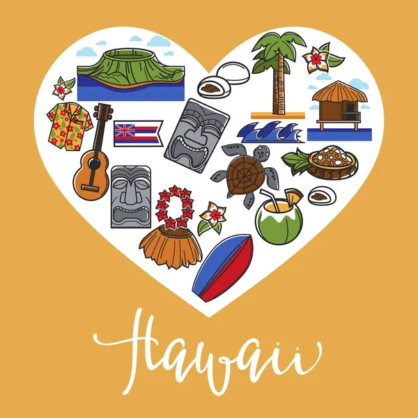 유명한 기호와 명소의 하와이 포스터 하와이 알로하를 호놀룰루 코코넛 칵테일 — 스톡 벡터