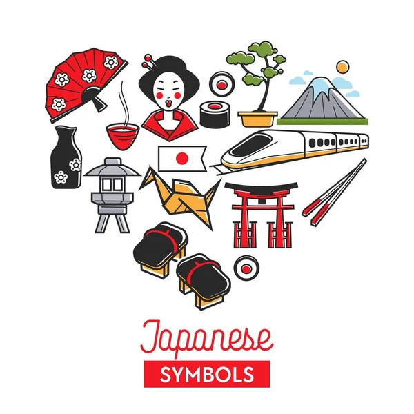 Japan Travel Heart Poster Famous Japanese Landmark Symbols Culture Attractions — Image vectorielle