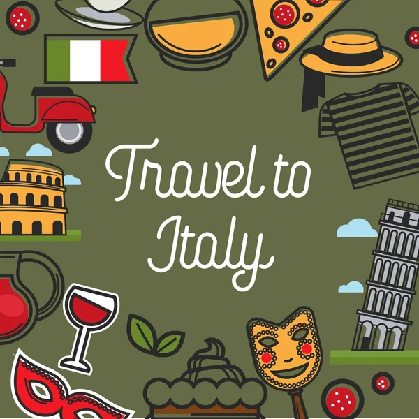 Travel Italy Promo Poster National Symbols Traditional Architecture Exquisite Cuisine — Stock Vector