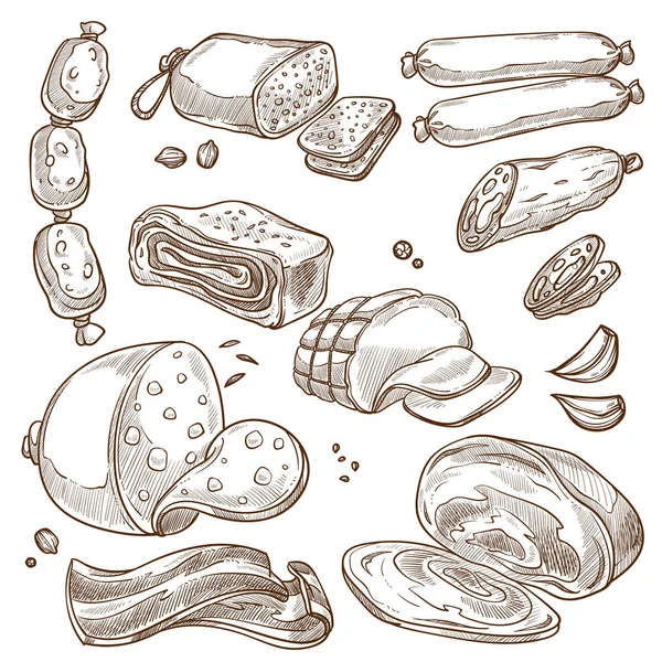 Meat Products Sausages Monochrome Sepia Sketches Set Delicious Ham Juicy — Stock Vector