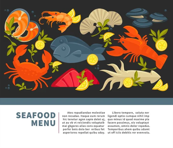 海鲜食品餐厅或费希尔市场和厨师烹饪食谱的新鲜鱼 龙虾蟹 金枪鱼牛排 多拉达和牡蛎贻贝的矢量平设计 — 图库矢量图片