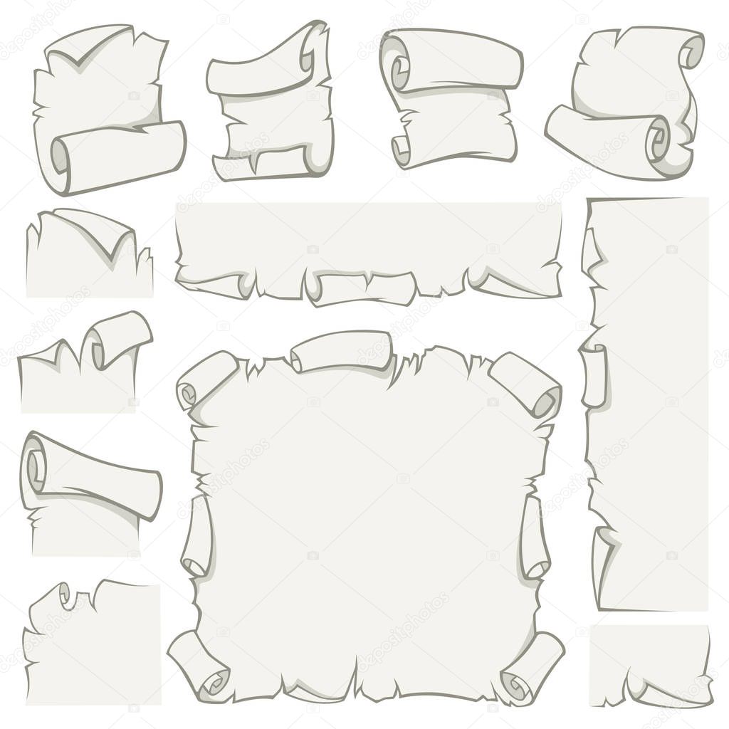 Paper scrolls of old parchment papyrus sheets with curved edges vector isolated rarity manuscripts isolated blank icons of ancient writing stationery