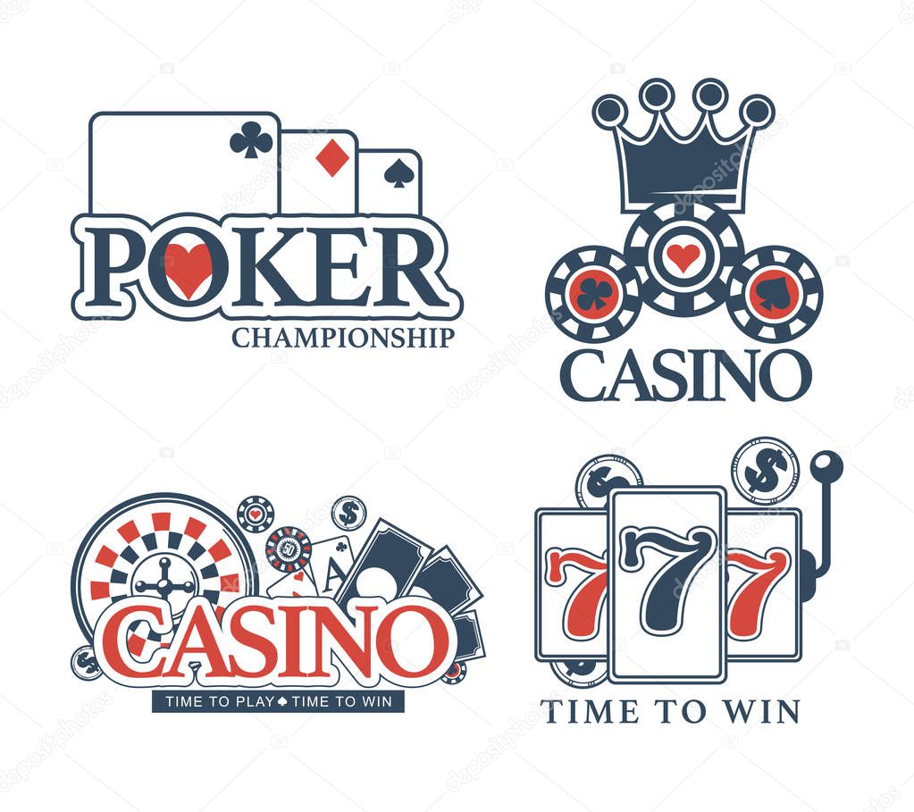 Casino poker logo templates set. Vector icons of lucky 7 jackpot, gambling chips and roulette, playing cards or royal crown for online casino gamble games