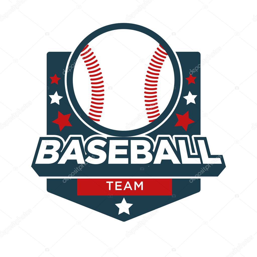 Baseball team logo template for sport club or college league badge. Vector baseball ball with stars on shield
