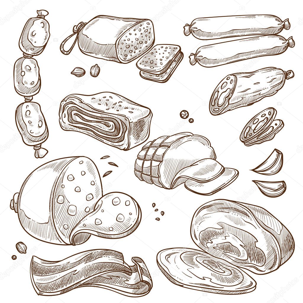 Meat products and sausages monochrome sepia sketches set. Delicious ham, juicy pork, slices of bacon, fresh salami, tender veal and spicy frankfurters isolated cartoon flat vector illustrations.