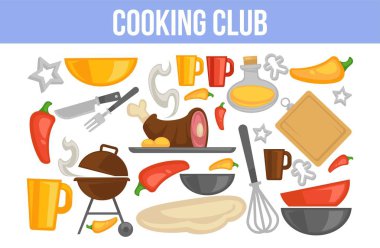 Club poster mutfak eşyası ve yemekler için malzemeler ile pişirme.