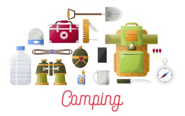 Beyaz arka plan üzerinde izole kamp temel ekipman seti