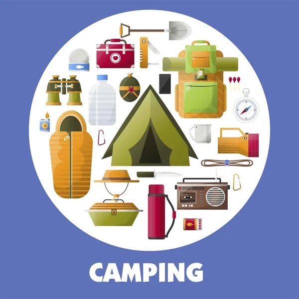 Campingausrüstung Für Wanderfreunde Kreis — Stockvektor
