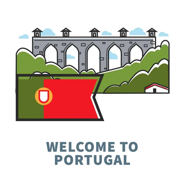 葡萄牙国旗与绿树的著名桥梁 — 图库矢量图片