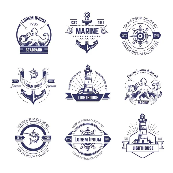 Sea Brand Promo Logotypes Lighthouses Marine Elements — Stock Vector