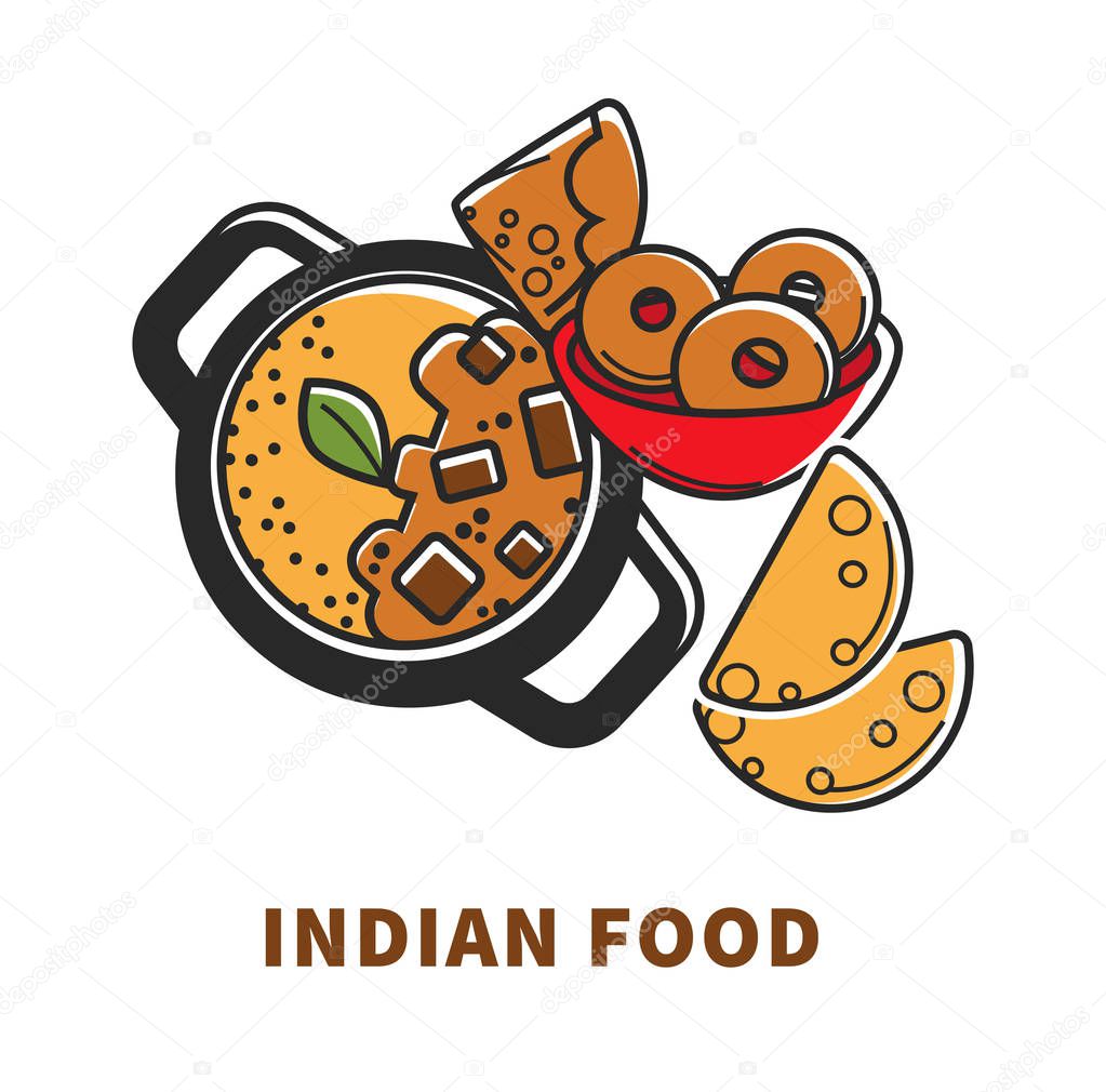 Indian cuisine and traditional dishes of chicken tandoori grill, curry rice pilaf, samosa or masala soup and saffron dessert.