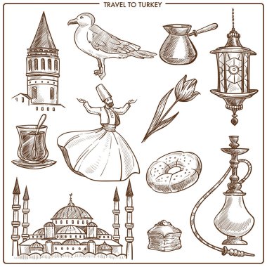 Türkiye'de seyahat etmek simge ve Turizm sembolleri. Vektör çizimi simgeler Türk Camii, Istanbul martı ve nargile shisha veya kahve cezve, döner kebap veya baklava hamur işi ve derviş dansçı