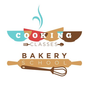 Fırın okul ya da pişirme dersleri logo şablonu. Baker oklava ve çırpma teli, kase tabak ve çatal çatal ya da kaşık ve bıçak Şef masterclass yemek için vektör düz simgesi