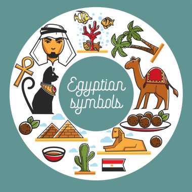 Mısır seyahat etmek simge yapılar ve ünlü kültür konumlar Mısır sembolleri. Vektör Mısır bayrağı, Cairo pyramids, Arap adam ve deve veya Firavun Tutankhamen ve sfenks çöl avuç içi