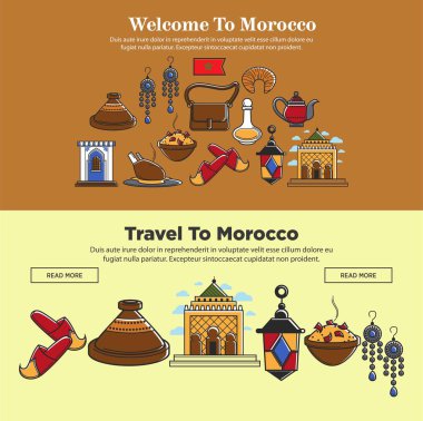 Fas seyahat etmek simge veya turizm ünlü simge hoş geldiniz. Vektör Fas yemekleri yemek, Fas bayrak veya Müslüman cami bina, mücevher ve geleneksel ayakkabı ve giyim