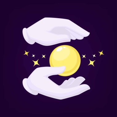 Magicians hands wearing gloves holding crystal ball used for making predictions for people wanting to know future. Stars and mystical sphere illuminating and glowing black vector illustration clipart