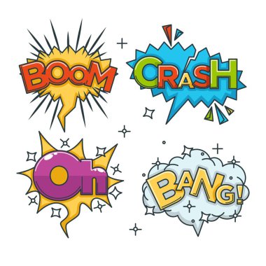 Boom, crash, bang ve oh kabarcık karikatür veya çizgi romanla vektör renk patlamalar ve puffs için ses patlama bulutlar