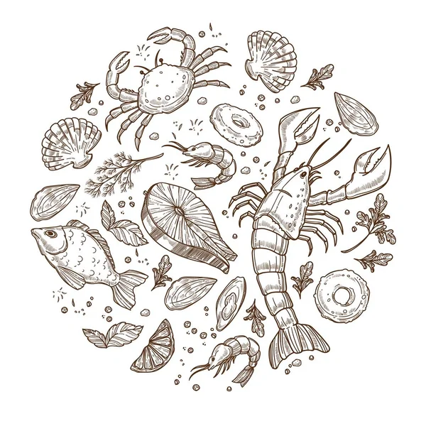 Lezzetli ve egzotik deniz ürünleri daire tek renkli çizimler içinde. Okyanus yengeç, büyük ıstakoz, lezzetli somon, karides, küçük shellfishes, limon dilimleri ve yeşilliklerle izole karikatür düz vektör çizim Kral.