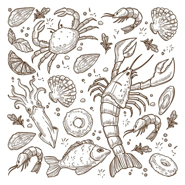 Delicious Seafood Monochrome Seamless Pattern Sketches Kepiting Laut Lobster Besar - Stok Vektor