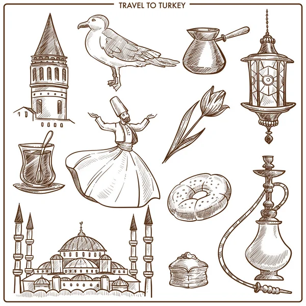 Turkey Travel Landmarks Tourism Symbols Vector Sketch Icons Turkish Mosque — Stock Vector
