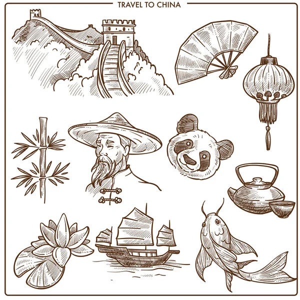 China travel symbols and tourism destination sketch landmarks. Vector Chinese great wall, panda in bamboo or golden fish and noodle food or traditional lantern and Chinese man