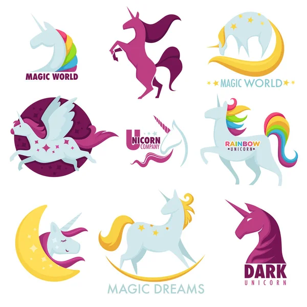 Stock vector Unicorn magic horse logo templates. Vector icons set of mythic dark unicorn running on rainbow with golden stars and moon silhouette