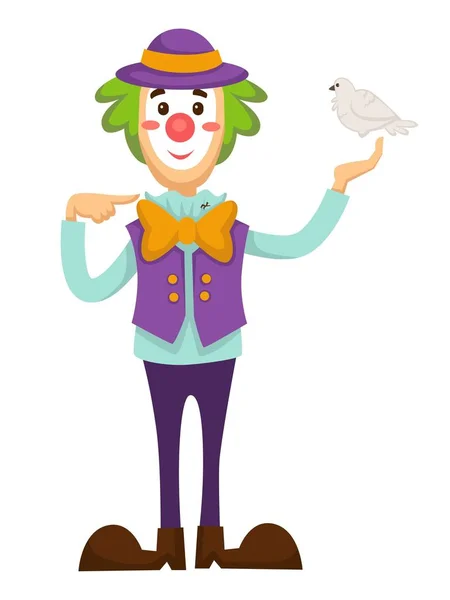 Clown Circo Trucco Con Colomba Uccello Mano Vettoriale Buffo Clown — Vettoriale Stock