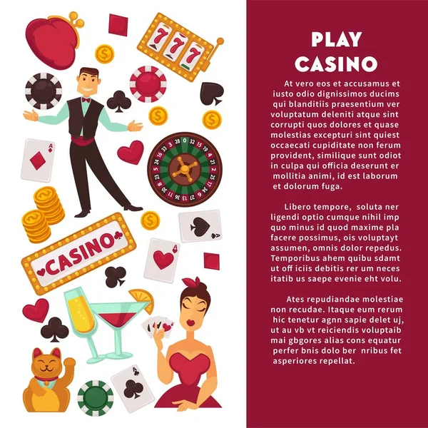 Casino poker game and jackpot gamble poster. Vector symbols of casino croupier playing cards, roulette and gambling chips or money golden coins in wallet purse and lucky winner 7 numbers