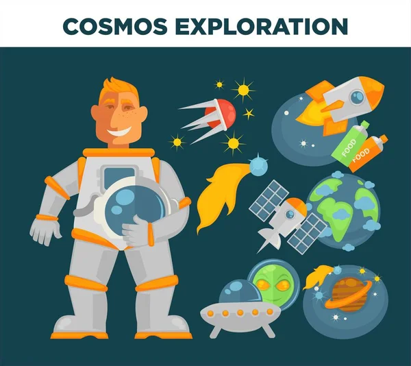 Kosmos Exploratie Heelal Ruimte Onderzoek Poster Vector Cartoon Astronaut Ruimteschip — Stockvector