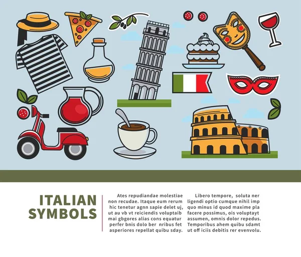 İtalyan semboller ve metin örnek başlık blok poster. Kule ve anıtsal mimari yapılar, ulaşım şehirlerde geleneksel gıda vektör illüstrasyon mavi izole içecekler