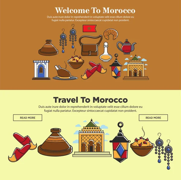Willkommen Marokko Reisesymbole Oder Tourismus Berühmten Sehenswürdigkeiten Vektor Marokkanische Küche — Stockvektor