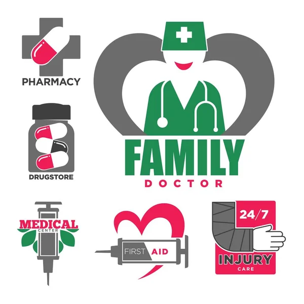 Lekarz Rodzinny Apteka Szablony Logo Pomocy Medycznej Wektorowe Ikony Medycyny — Wektor stockowy