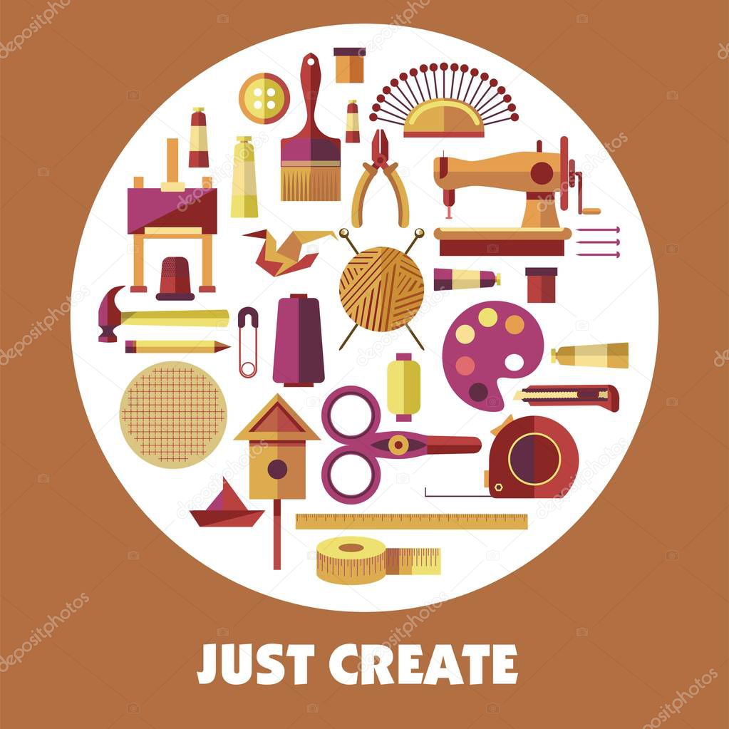 Just create poster for handicraft and art hobby workshop. Vector tools and items for painting, knitting or sewing and woodwork construction classes or art design studio
