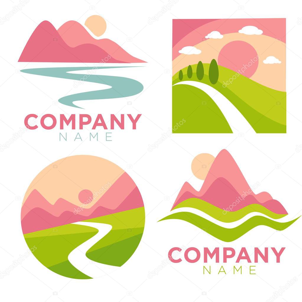 Nature landscape logo templates for company or travel agency and corporate identity design. Vector scenery of river valley and sun over mountain rocks