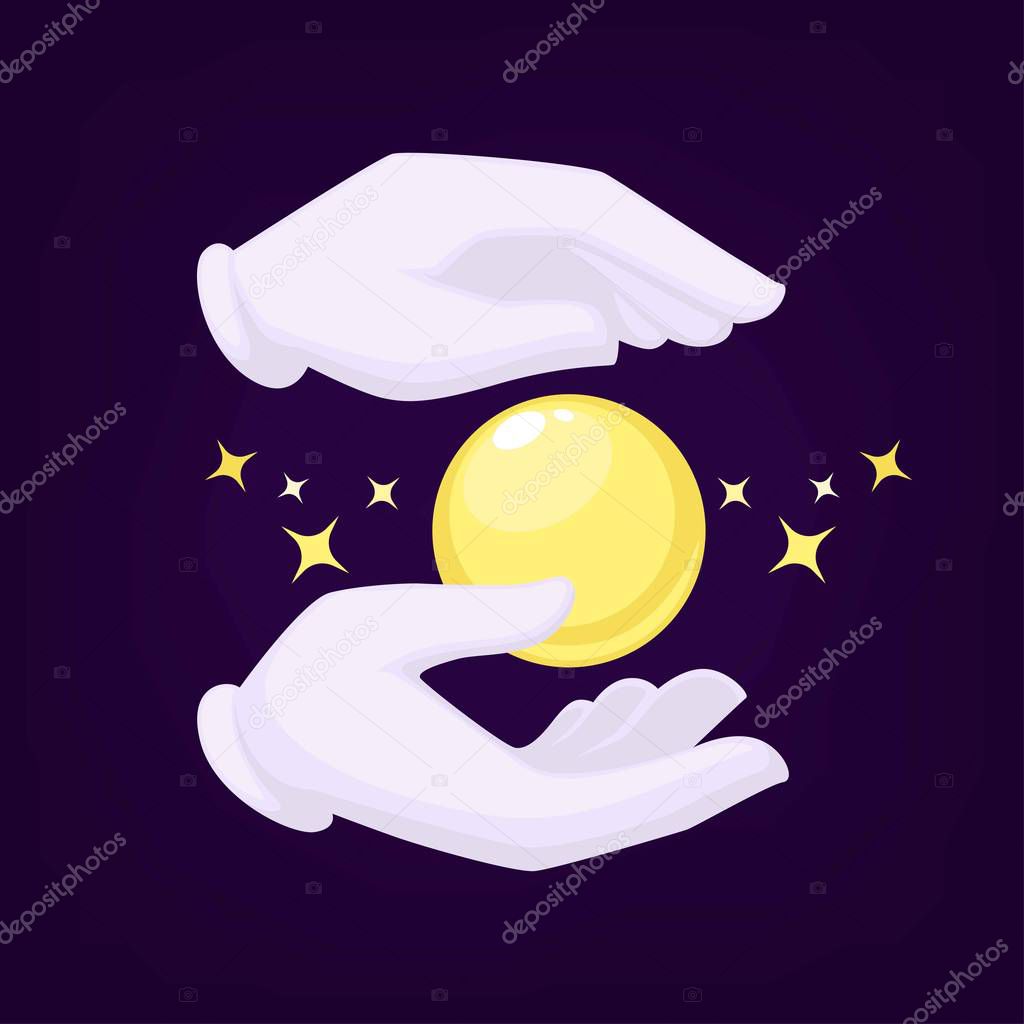 Magicians hands wearing gloves holding crystal ball used for making predictions for people wanting to know future. Stars and mystical sphere illuminating and glowing black vector illustration