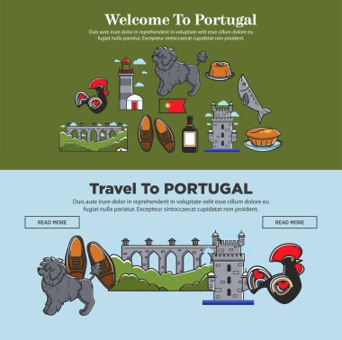 Portekiz Seyahat afiş Turizm semboller ve yerler için hoş geldiniz. Vektör Portekiz bayrağı, Lizbon horoz veya köpek, sardalya veya Porto şarabı ve Portekizce mimarisi