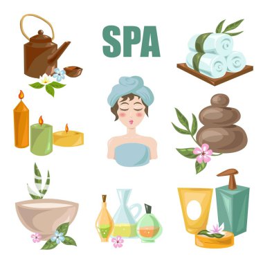Güzellik Spa salonu ve Sağlık Merkezi tedaviler simgeler. Vektör kadın cilt bakımı ve vücut aroma yağları, havlu ve nemlendirici kremler, maaaage taş ve banyo sabunu dinlenmek