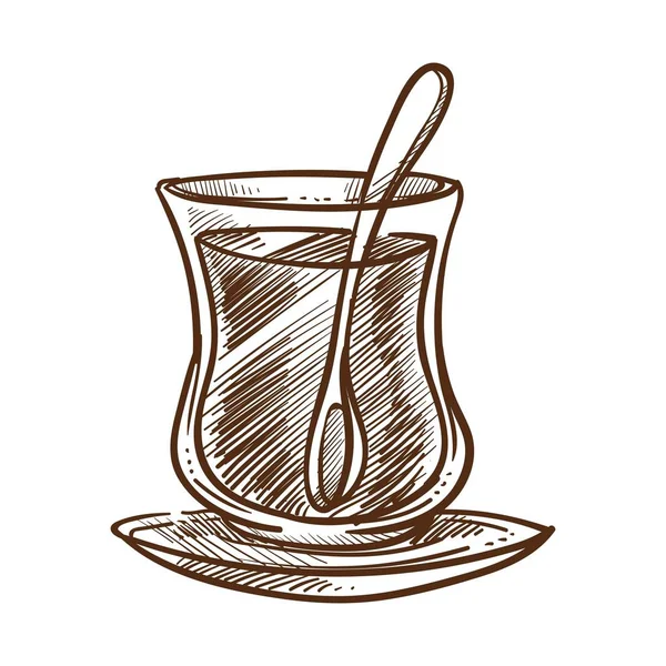 Chá Bebida Turca Tradicional Copo Vidro Pequeno Prato Bebida Aromática — Vetor de Stock