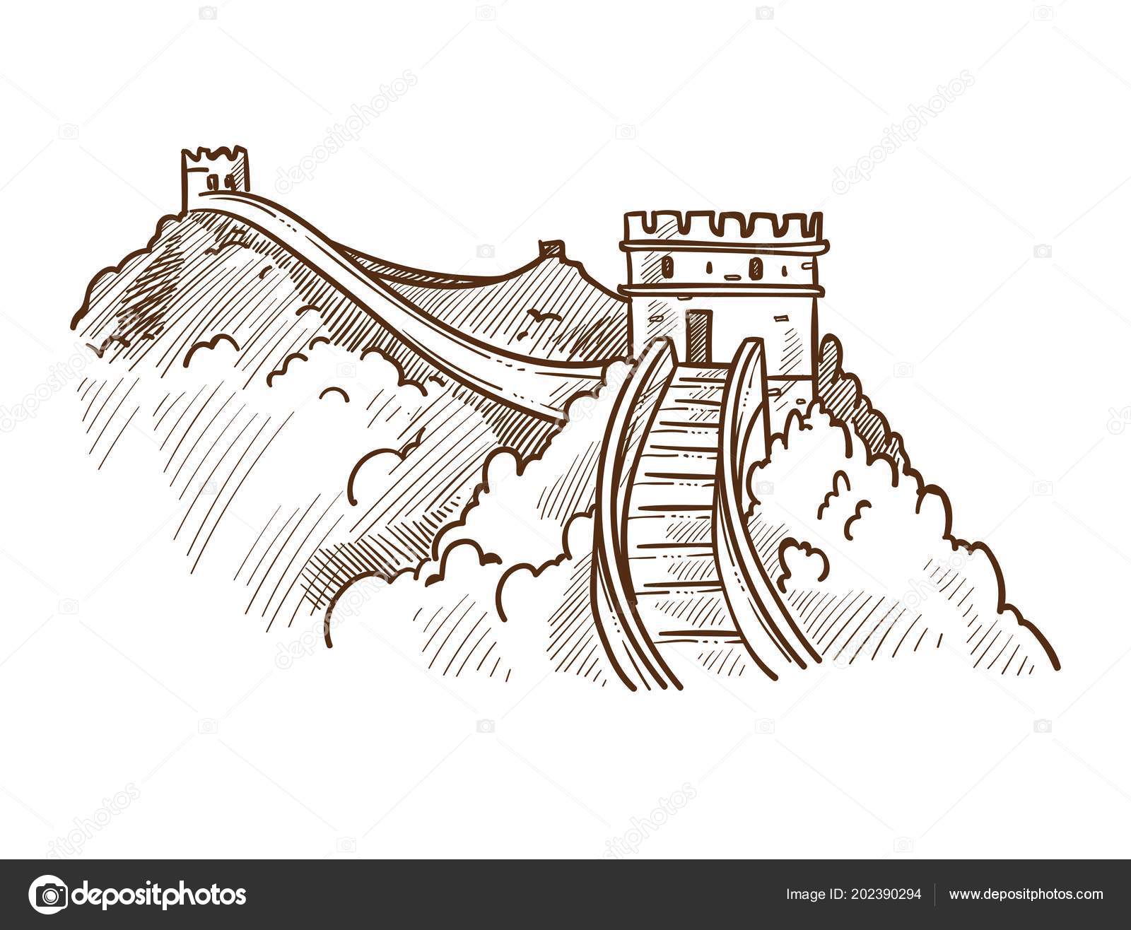Great Wall China Monochrome Sketch Outline Famous Landmark Made Stone
