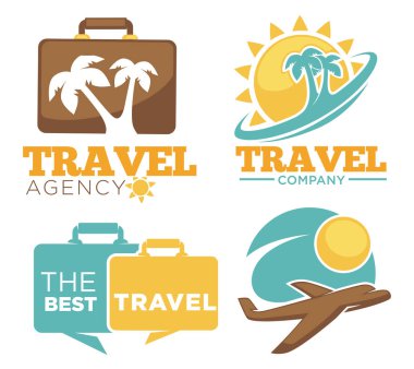 Şirket logosu Turizm ve Turizm ajansı için seyahat. Güneş ve gökyüzü veya avuç içi uçak ile seyahat çantası ve okyanus dalgası vektör simgeleri