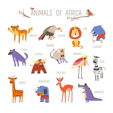 Karikatür Afrika hayvanlar ve kuşlar çocuklar tasarım için. Cheetah panter veya puma ve aslan, fil paten ve buffalo veya zürafa, akbaba veya devekuşu ve sırtlan ve babuin timsahla vektör komik Hayvanat Bahçesi