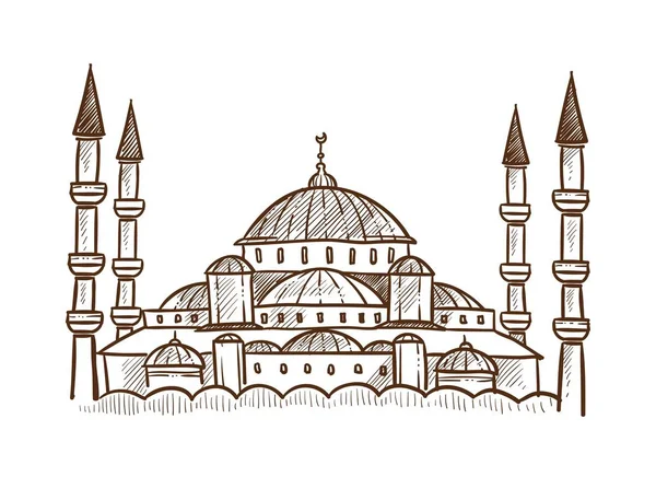 トルコ モスク建築モノクロ スケッチ輪郭 東アジアの国の文化や歴史的遺産 白いベクトル図に分離された神を崇拝する信者のための場所します — ストックベクタ