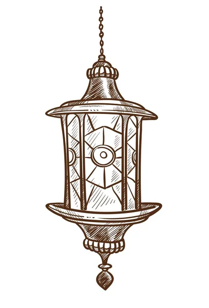 传统的土耳其灯笼与玻璃单色素描轮廓的对象在黑暗中发光 与象征宗教意义的项目在白色向量例证被隔绝的伊斯兰教的信徒 — 图库矢量图片