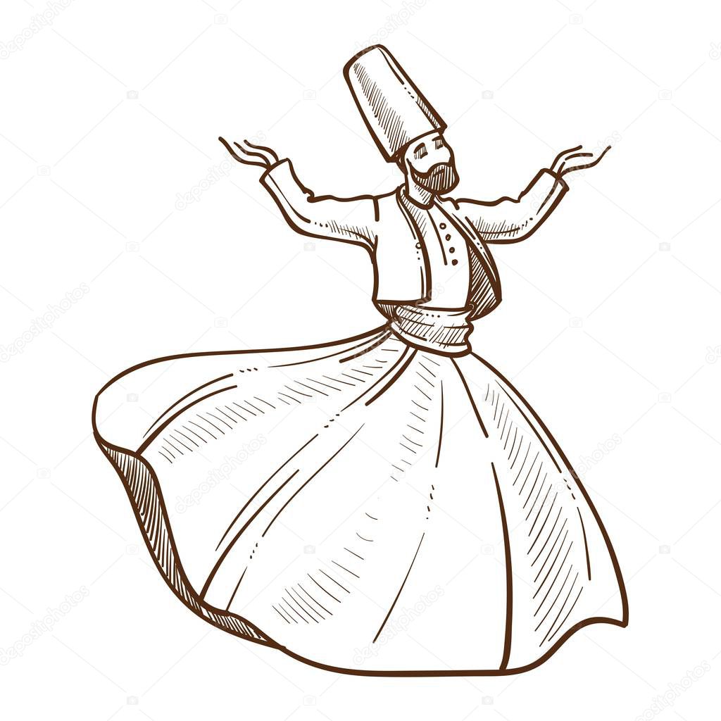 Traditional turkish dervish dances monochrome sketch outline. Man wearing costume made up of dress and jacket, high hat. Male whirling hands up giving performance isolated on vector illustration