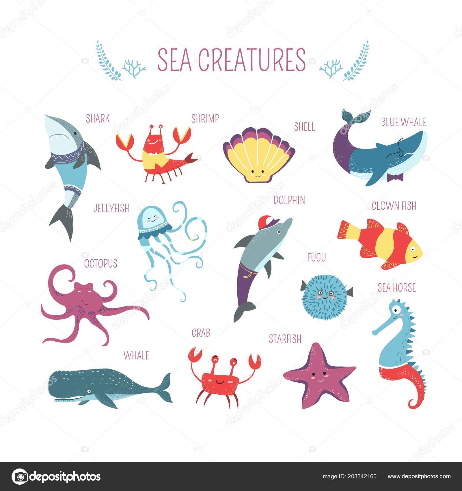 Cartoon Sea Animals Fish Creatures Kids Design Stock Vector Image by  ©Sonulkaster #203342160