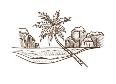 Palmiye ve su tek renkli kroki ile ada.