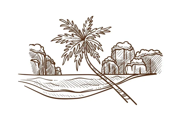 Palmiye ve su tek renkli kroki ile ada.