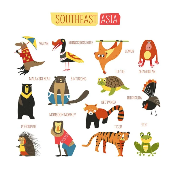 Dibujos Animados Del Sudeste Asiático Animales Aves Para Niños Diseño — Vector de stock