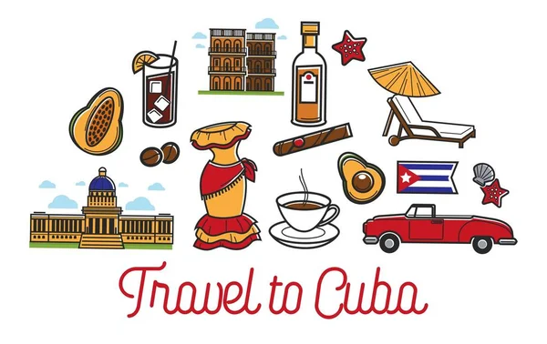 Cuba Travel Country Famous Symbols Tourism Landmarks — Stock Vector